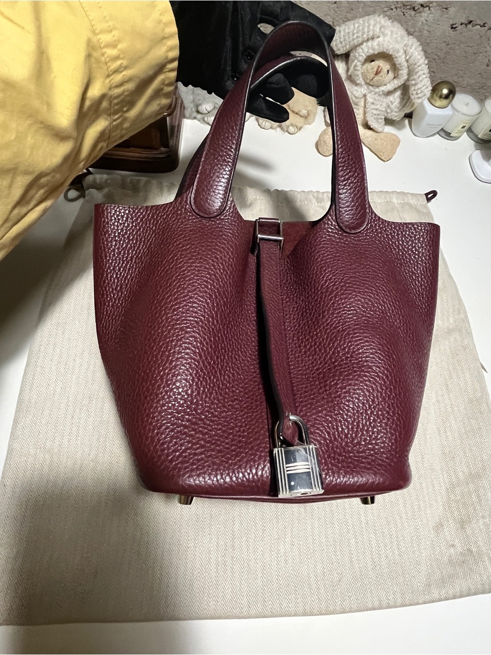 Hermes Bordeaux Togo Leather Bucket Tote with Silver-Tone Padlock - Picture 16 of 16